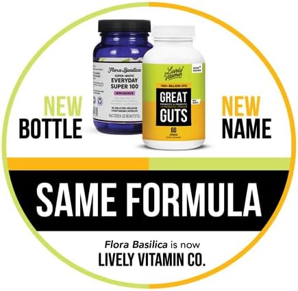 LIVELY VITAMIN CO. Great Guts Probiotic - 100 Billion CFU Probiotic - Balance Gut Microbiome, GI Tract, Inflammation, Indigestion, Reflux, Upset Stomach, & Diarrhea - 60 Caps