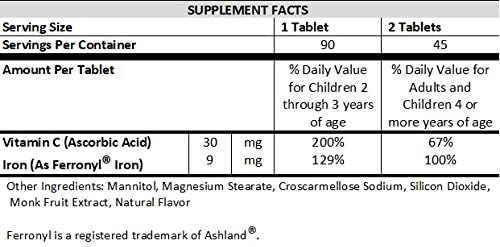 NutriPure Kids Chewable Iron Supplement, Ferronyl® Carbonyl Iron 9 mg, Vitamin C 30 mg, Tangerine Tango Orange Flavor, 90 Count