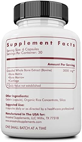 Ancestral Supplements Grass Fed Beef Bone and Marrow Supplement, 3000mg, Skin, Oral Health, and Joint Support Supplement, Promotes Whole-Body Wellness, Non GMO Whole Bone Extract, 180 Capsules