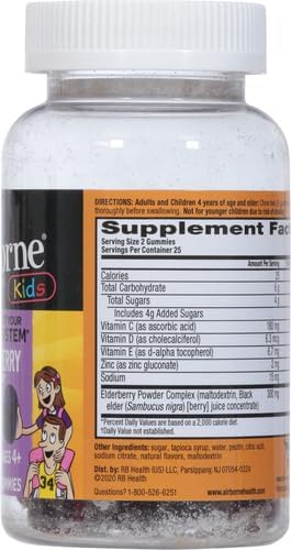 Airborne KIDS Elderberry + Zinc & Vitamin C Gummies, Kids Immune Support with Powerful Antioxidants Vit D & E - 50 gummies, Elderberry Flavor
