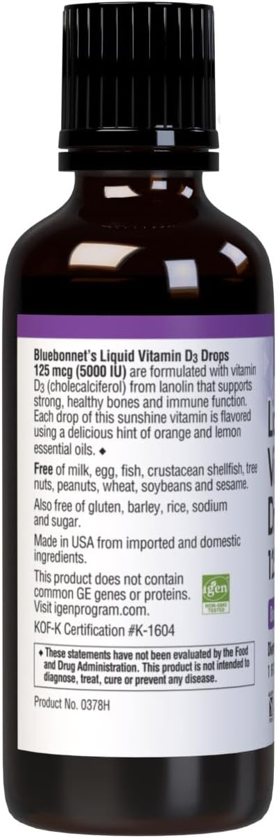 Bluebonnet Nutrition Liquid Vitamin D3 Drops 5000 IU, Aids in Muscle and Skeletal Growth, D3, Non GMO, Gluten Free, Soy Free, Dairy Free, Kosher, Citrus Flavor (743715003781), 1 Fl Oz (Pack of 1)