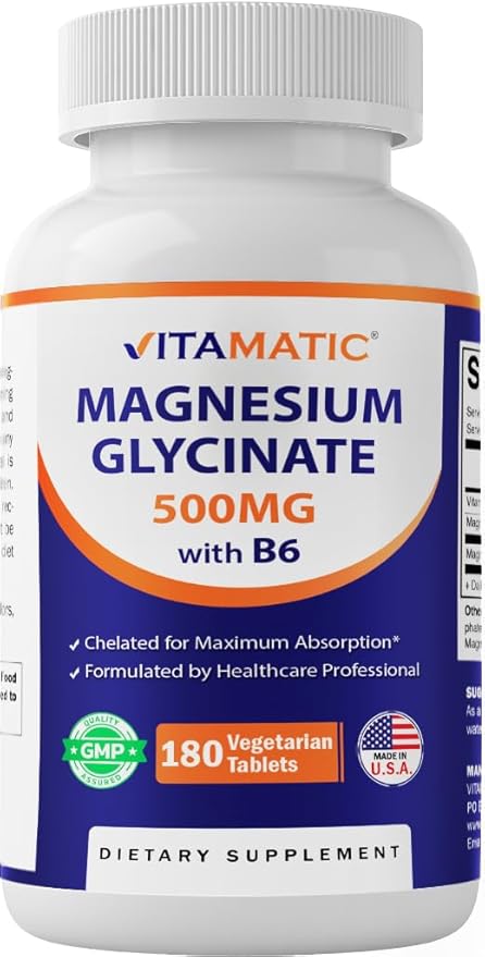 Vitamatic Magnesium Glycinate 500 mg per Tablet – 180 Vegetarian Tablets (Uncoated) with Added Vitamin B6 for Maximum Absorption – Muscle, Joint & Heart Health Support – Non-GMO, Gluten-Free