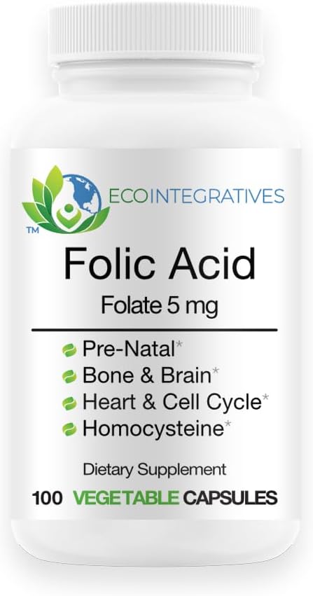 Folic Acid Folate 5mg (B9) Prenatal, Reproductive Health, Homocysteine, Metabolism, Cardiovascular, Bone, Immune Support, Allergen Free, Non GMO - 100 Vegan Capsules