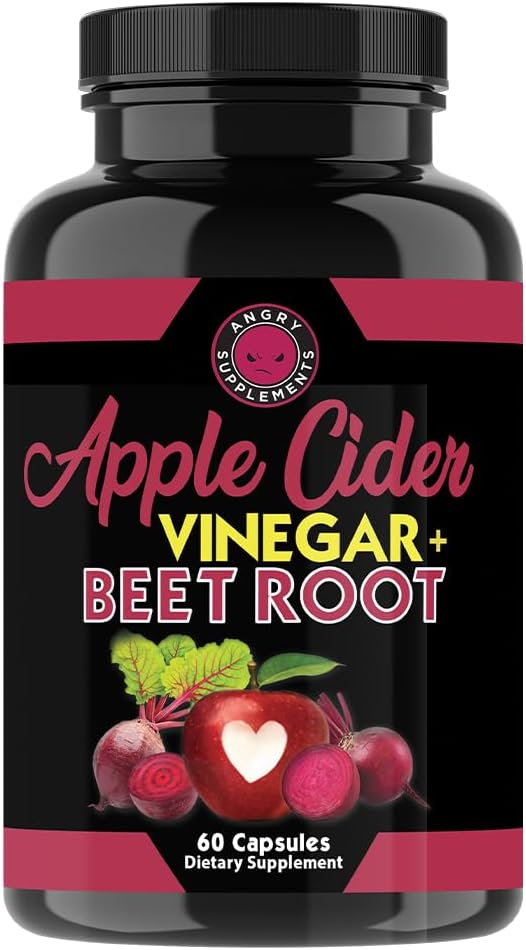 Angry Supplements Apple Cider Vinegar + Beet Root Powder Capsules, Pure ACV Beetroot 1000mg per Serving, Nitric Oxide Booster & Digestive Health for Men and Women 60ct, 2 Pack (120ct Total)