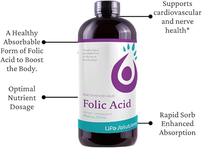 Liquid Folic Acid Supplement – 800 mcg Vitamin B9 per Serving – Berry Flavor, 8 fl oz – Fast Absorption, Prenatal, Heart & Brain Support