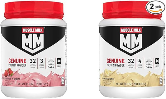 Muscle Milk Genuine Protein Powder Bundle, Strawberries 'N Crème 1.93 Pounds 12 Servings 32g Protein 3g Sugar and Banana Crème 1.93 Pounds 12 Servings 32g Protein 4g Sugar