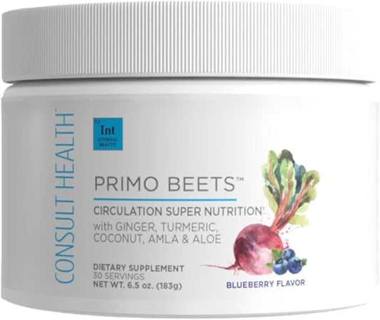 Consult Health Primo Beets - Beet Root Powder Drink Mix with Electrolytes - Nitrates to Support Circulation - Energy Boost - Ginger & Turmeric - for Men & Women - Blueberry Flavor - 30 Servings