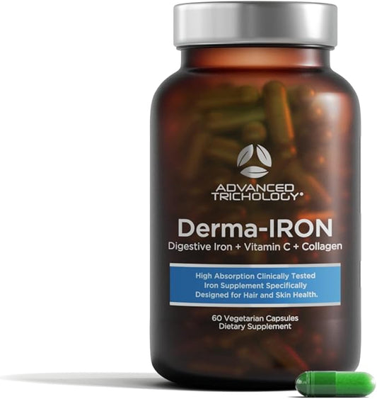 Advanced Trichology Derma-Iron Supplement for Women and Men - Iron Blood Builder Pills for Hair and Skin with Collagen and Natural Vitamin C, Low ferritin, thinning, Hair Loss Support