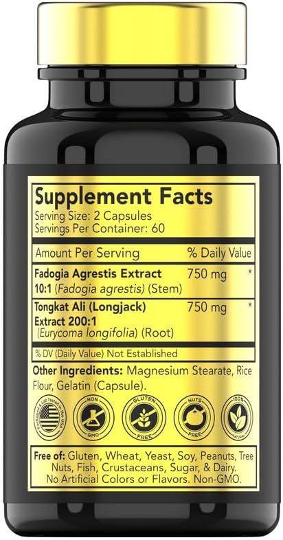 Fadogia Agrestis & Tongkat Ali Supplement: 1500mg - 120 Capsules | 750mg Each of Tongkat Ali (Longjack) & Fadogia | Ultra-Potent Formula For Men For Sports Nutrition, Athletic Performance, & Muscles*