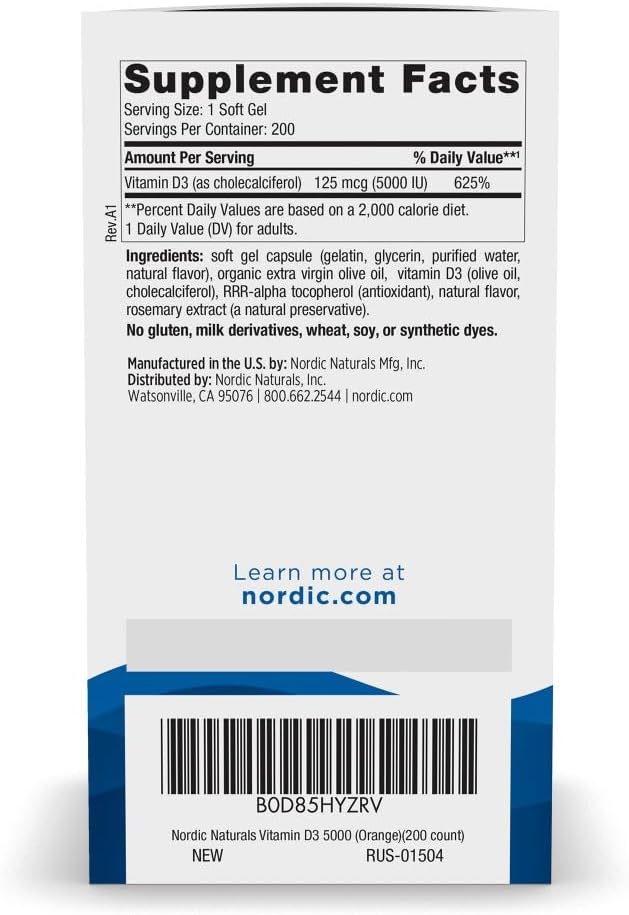 Nordic Naturals Vitamin D3 5000, Orange - 200 Mini Soft Gels - Support for Healthy Bones, Mood, & Immune System - Vegetarian - Non-GMO - 200 Servings