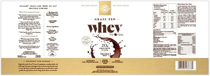 Solgar Grass Fed Whey to Go Protein Powder Chocolate, 2.3 lb - 20g of Grass-Fed Protein from New Zealand cows - Great Tasting & Mixes Easily - Supports Strength & Recovery - Non-GMO, 36 servings