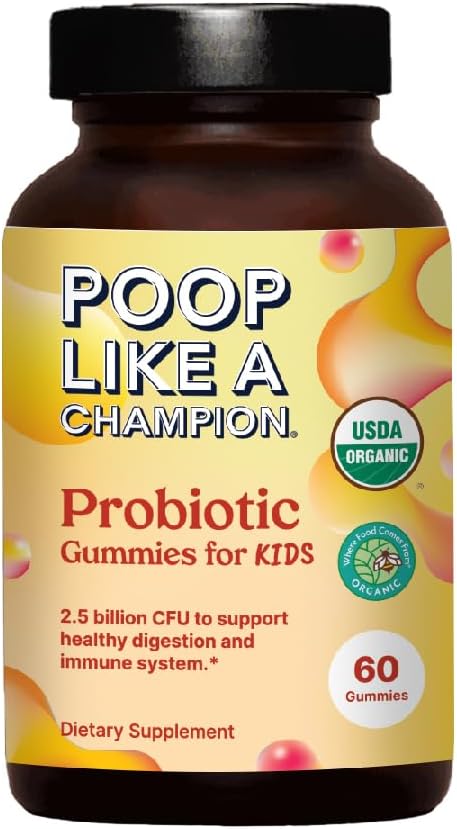 Poop Like a Champion Probiotic Gummies for Kids – USDA Organic, Vegan, Non-GMO, Gentle Digestive Health Support, 60 Gummies