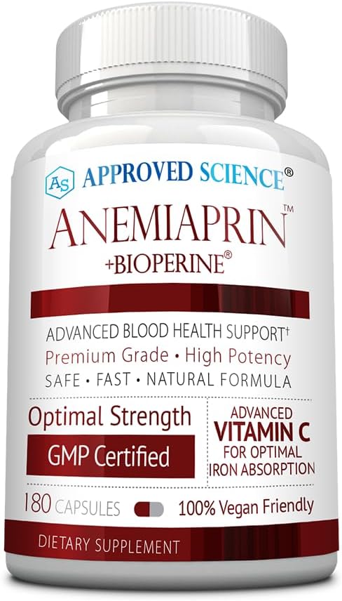 Approved Science Anemiaprin - Absorbable Iron, Vitamin C - Gentle On Stomach - 180 Capsules - 3 Month Supply - Non-GMO, Vegan