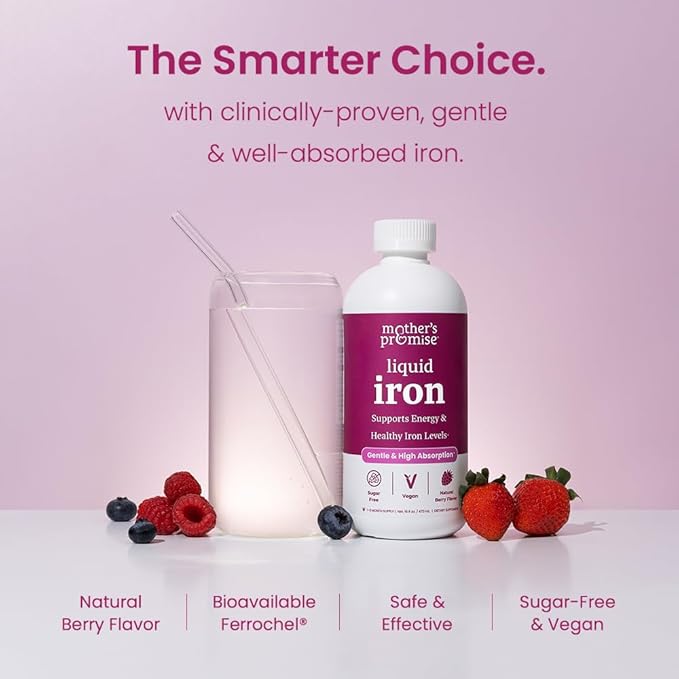 Organic Liquid Iron Supplement for Women, Men & Kids | Gentle Vegan Iron Supplements for Energy, Healthy Blood & Prenatal | Non Constipating, Sugar-Free Natural Berry Flavor, Ferrochel® & Vitamin C