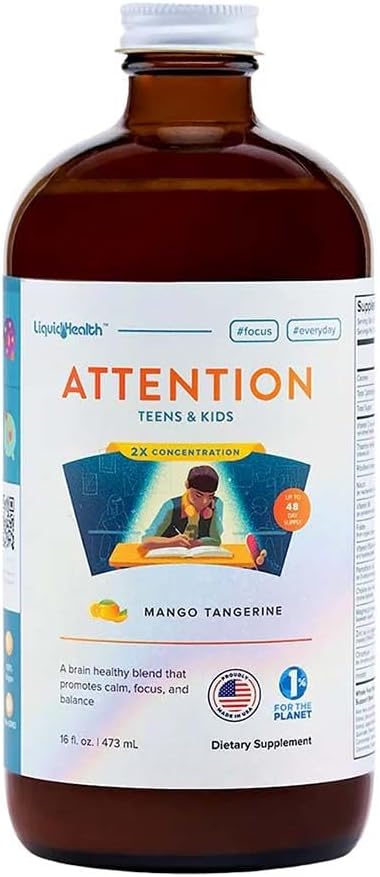 LIQUIDHEALTH Attention Liquid Multivitamin for Kids & Teens - Improves Memory Retention, Concentration, Focus, Mood, Relaxation & Calming - Great Taste, Vegan, Sugar-Free (16 oz)