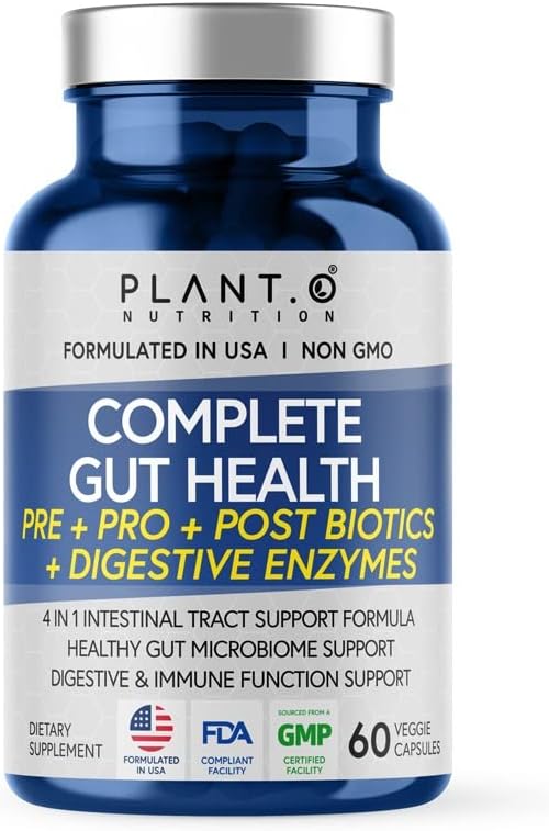 4-in-1 Prebiotic Probiotic & Postbiotic for Women & Men, Complete Gut & Digestive Support Supplement, Pre Post Probiotics & Digestive Enzymes 60 Capsules