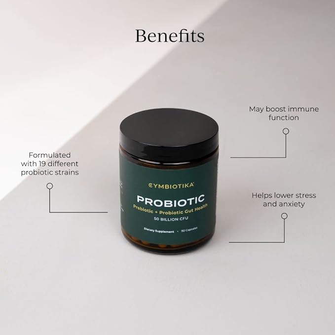 CYMBIOTIKA Probiotic + Prebiotic, 60 Billion CFU - 19 Strains, Gut Health Supplement for Women & Men, Immune Support, Digestive Health, & Gut Balance, 90 Capsules, 1 Month Supply, Made in USA