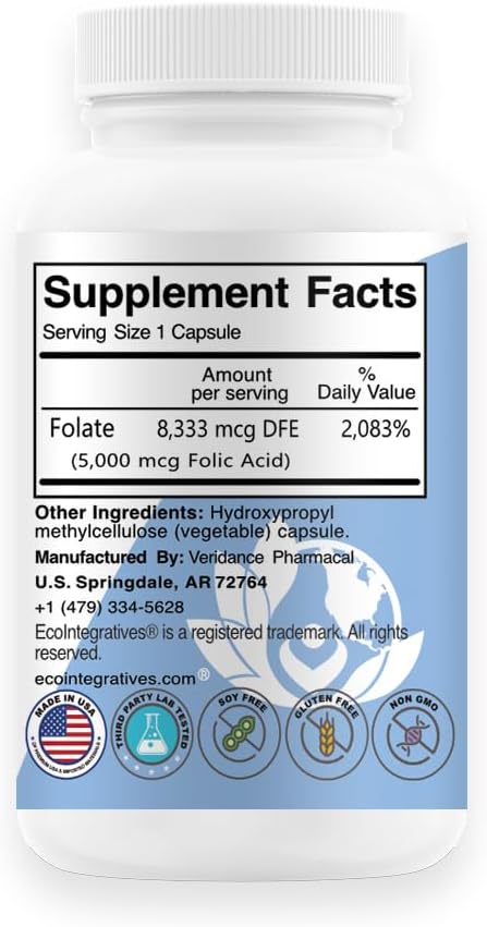 Folic Acid Folate 5mg (B9) Prenatal, Reproductive Health, Homocysteine, Metabolism, Cardiovascular, Bone, Immune Support, Allergen Free, Non GMO - 100 Vegan Capsules