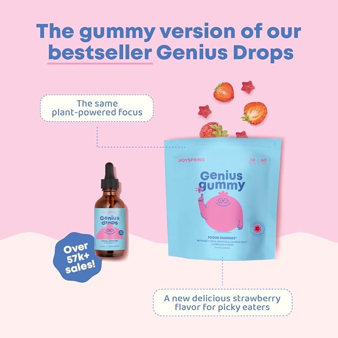 JoySpring Genius Kids Focus Gummies – Natural Herbal Brain Supplement for Kids | Vegan, Gluten-Free, Sugar-Free with Bacopa, Gotu Kola, Rhodiola – 60 Count