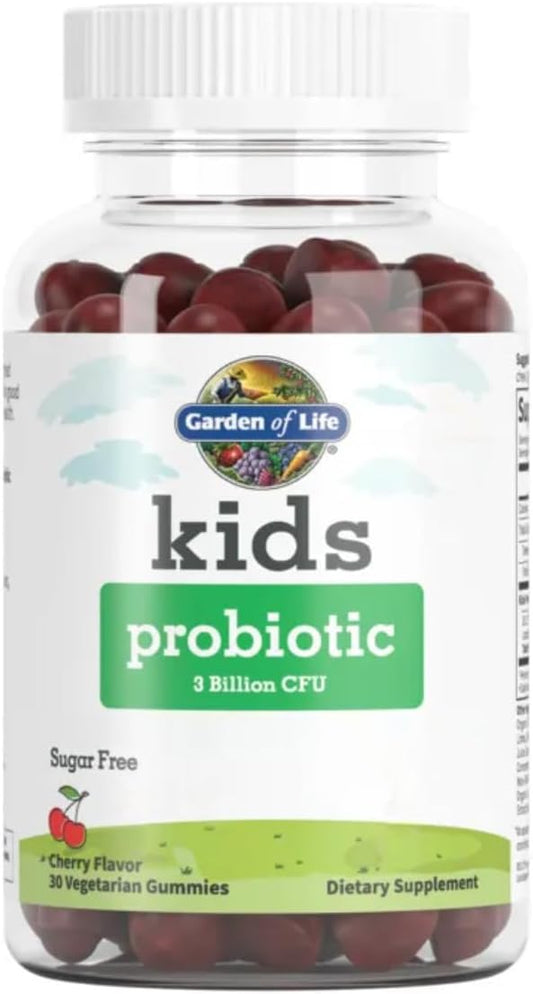 Garden of Life Probiotics for Kids, Cherry Flavor Gummies - Sugar Free Once Daily Kids Probiotic Gummies, 3 Billion CFU Probiotics Plus Fiber for Digestive & Immune Health, 30 Vegetarian Gummies