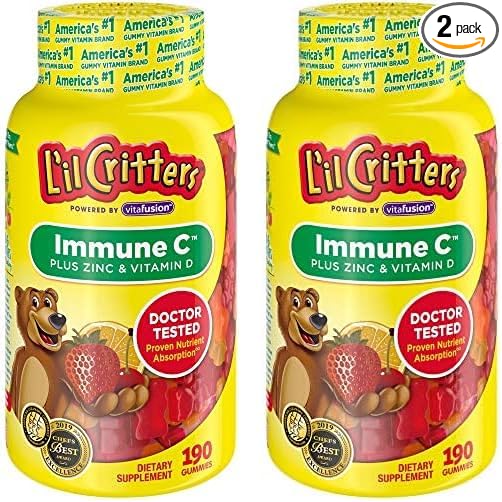 L’il Critters Immune C Daily Gummy Supplement Vitamin for Kids, for Vitamin C, D and Zinc for Immune Support, Orange, Lemon and Cherry Flavors, 190 Gummies (Pack of 2)