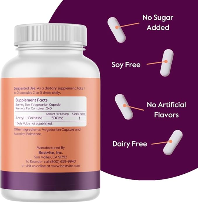BESTVITE Acetyl L-Carnitine 500mg (480 Vegetarian Capsules) (240 x 2) - No Stearates - Vegan - Non GMO - Gluten Free