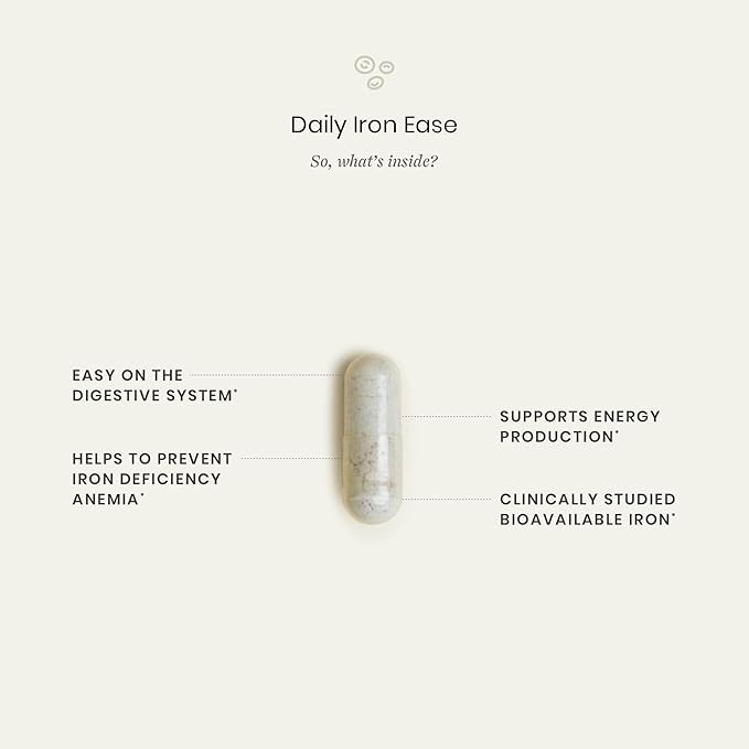 Perelel Daily Iron Ease - 15mg Iron Supplements for Women, New Mothers and Men - Dairy, Gluten and Soy Free + Non GMO Iron Capsules with Vitamin C + Magnesium - (30 Pills)