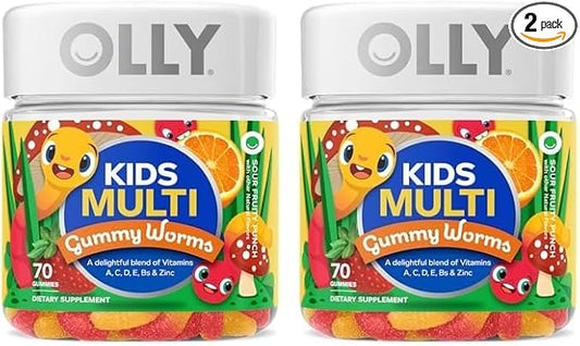 OLLY Kids Multivitamin Gummy Worms, Overall Health and Immune Support, Vitamins and Minerals A, C, D, E, Bs and Zinc, Chewable Supplement, Sour Fruit Punch, 45 Day Supply (70 Count) (Pack of 2)