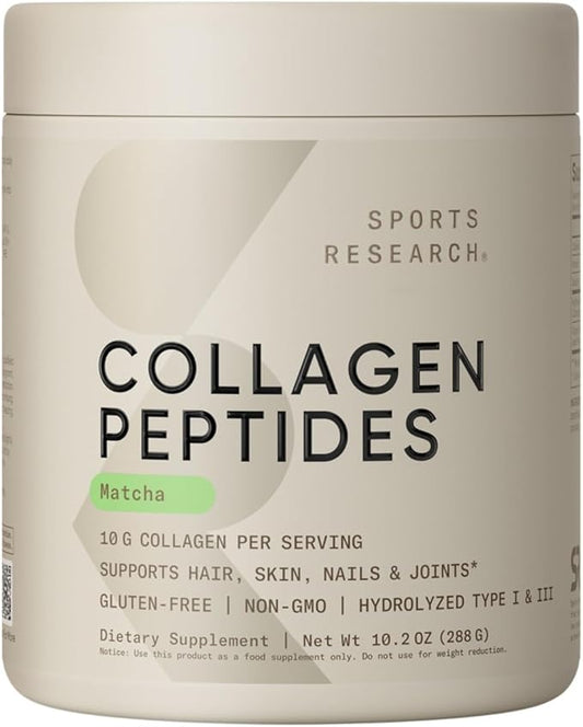 Sports Research Premium Collagen Peptides Powder and Organic Matcha Green Tea - Collagen Powder Protein Supplement with Japanese Matcha and Amino Acids - Gluten Free, Non-GMO, Sugar Free
