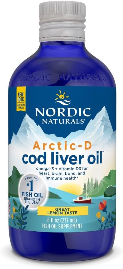 Nordic Naturals Arctic-D Cod Liver Oil, Lemon - 8 oz - 1060 mg Total Omega-3s + 1000 IU Vitamin D3 - EPA & DHA - Heart, Brain, Bone, Immune & Mood Support - Non-GMO - 48 Servings