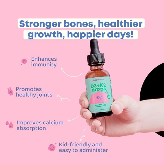 JoySpring Vitamin D3 Kids Drops with K2 – Liquid Supplement for Calcium Absorption & Joint Health – 180 Servings (1 fl oz) – Vitamin D Kids Ages 3-18