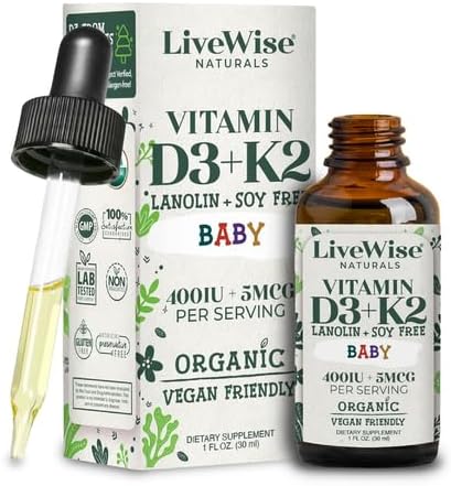 LiveWise Naturals – Baby D3-K2 Liquid Drops, Promotes Brain Development, Bone Health, and Overall Wellness for Kids and Toddlers, Glass Bottles and Droppers, D3 Sourced from Pine Trees