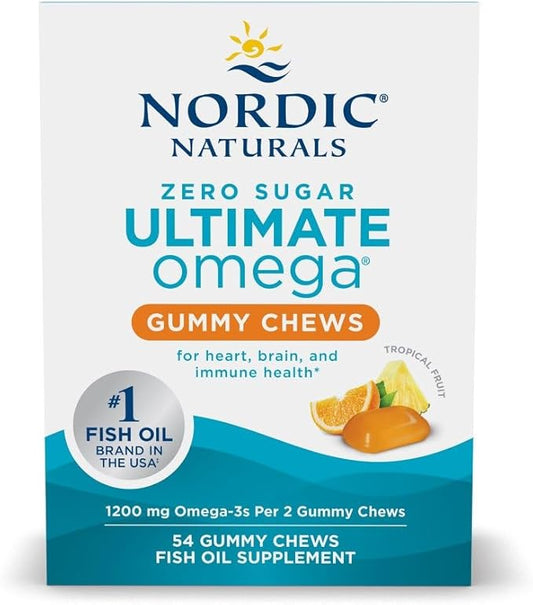 Nordic Naturals Zero Sugar Ultimate Omega Gummy Chews, Tropical Fruit, 54 Gummies, Supports Heart, Brain, and Immune Health, Non-GMO, Vegetarian, 27 Servings