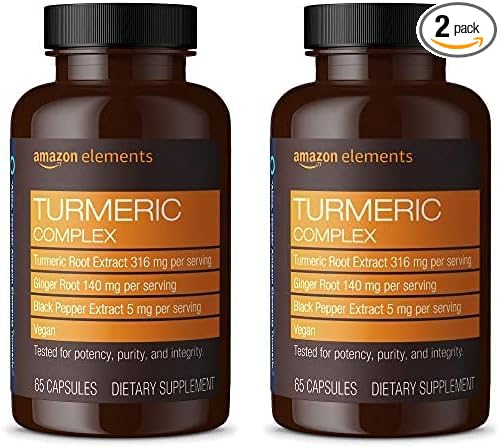 Amazon Elements Turmeric Complex, 316 mg Curcumin, 140 mg Ginger, 5 mg Black Pepper - Joint & Immune System, Healthy Inflammation Response - 65 Capsules (2 Month Supply) (Pack of 2)