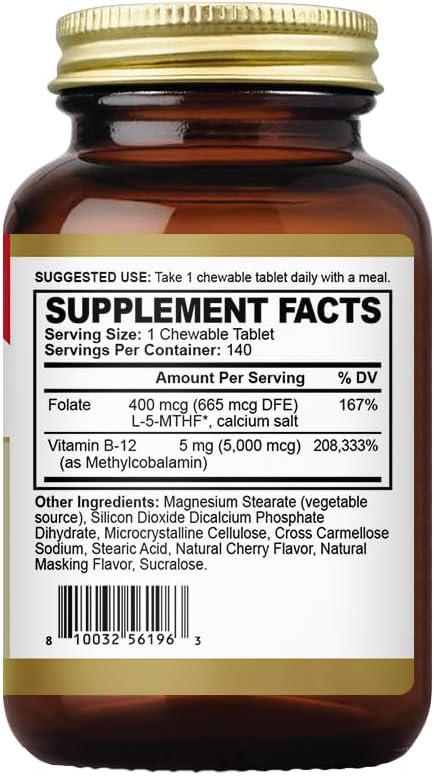 Methyl B-12 5000mcg Chewable with Folate - Vitamin B12 Methylcobalamin Sublingual Tablets - Supports Energy & Brain Function - Vegan Supplement - Cherry Flavor - 140 Count