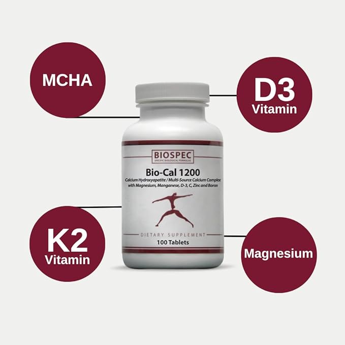 Bio-Cal 1200 – Superior Bone Support Complex w/ MCHA, Vitamin D3, Vitamin K2 (MK-7), Magnesium, Zinc, and Other Nutrients