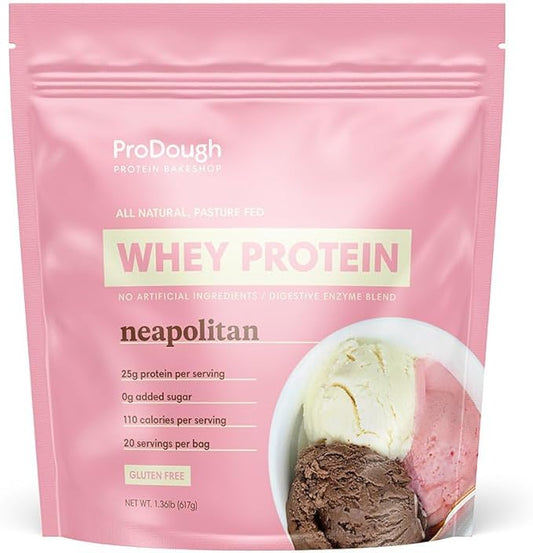 ProDough Gourmet Whey Isolate Hydrolized Protein Powder for Shake Mix- Easy Digest Enzyme Blend, 25g Protein per Serving, Natural Ingredients, Gluten Free, Keto Friendly (Neapolitan)