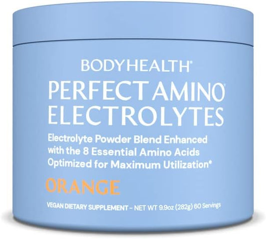 BodyHealth PerfectAmino Electrolytes Powder, Hydration Powder, Sugar Free Keto Electrolyte Drink Mix, Non GMO, Orange Flavor (60 Servings)