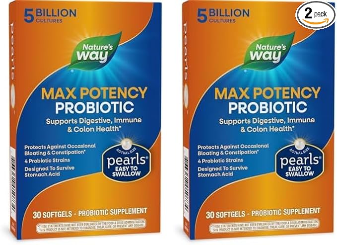 Nature's Way Max Potency Probiotic Pearls for Men and Women, Supports Digestive, Immune, Colon Health*, 5 Billion Live Cultures, No Refrigeration Required, 30 Softgels (Packaging May Vary) (Pack of 2)