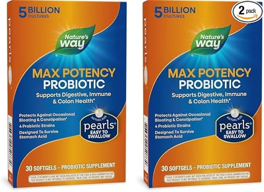 Nature's Way Max Potency Probiotic Pearls for Men and Women, Supports Digestive, Immune, Colon Health*, 5 Billion Live Cultures, No Refrigeration Required, 30 Softgels (Packaging May Vary) (Pack of 2)