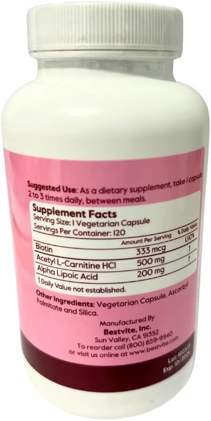 BESTVITE Acetyl L-Carnitine 500mg & Alpha Lipoic Acid 200mg per Capsule with Biotin (240 Vegetarian Capsules) (120 x 2) - No Stearates - Vegan - Non GMO - Gluten Free