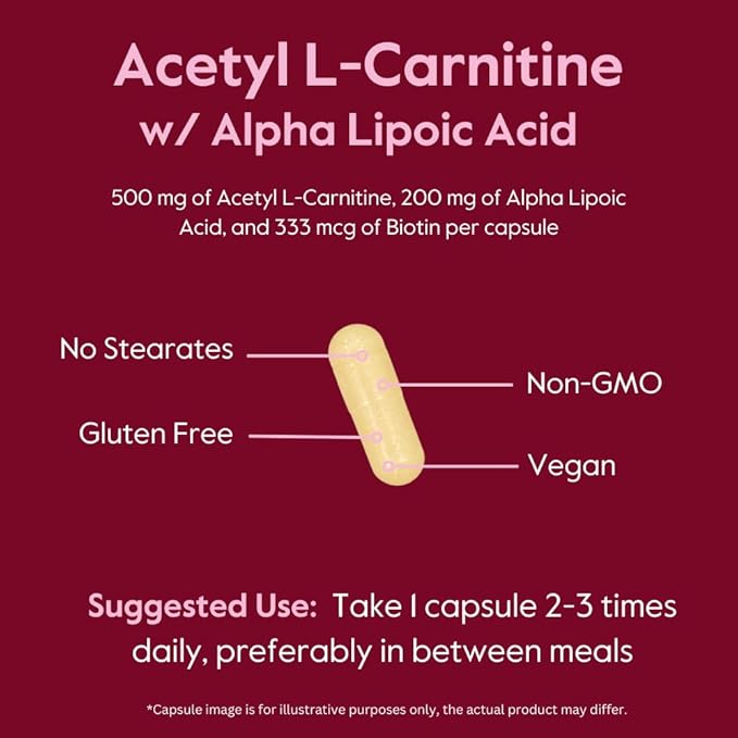 BESTVITE Acetyl L-Carnitine 500mg & Alpha Lipoic Acid 200mg per Capsule with Biotin (120 Vegetarian Capsules) - No Stearates - Vegan - Non GMO - Gluten Free