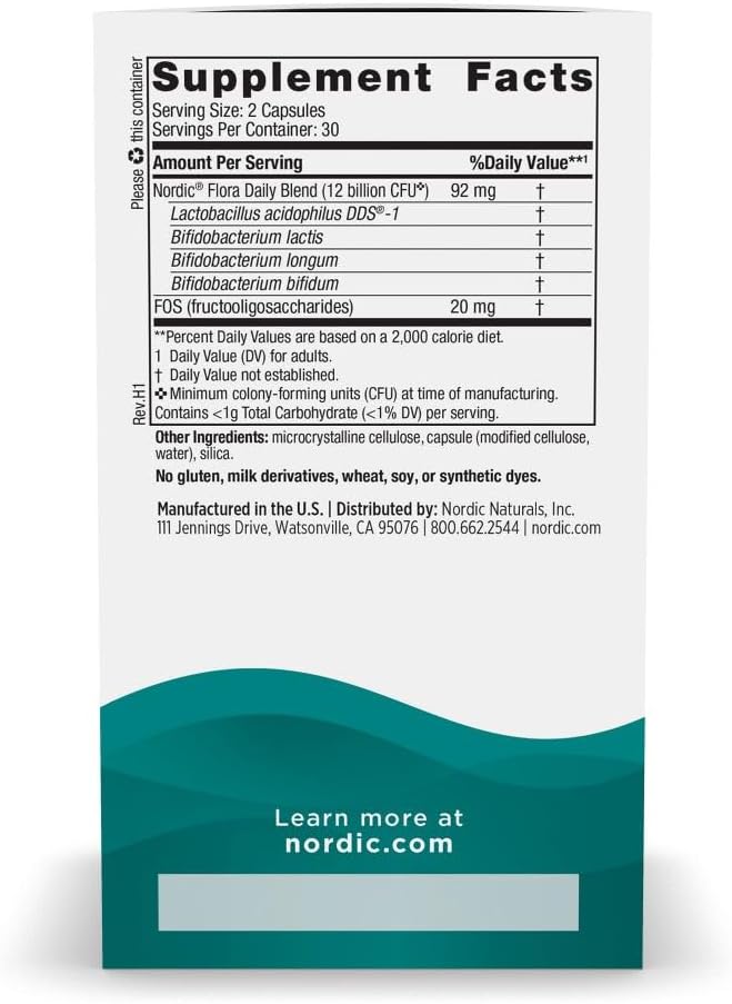 Nordic Naturals Nordic Flora Probiotic Daily - 60 Capsules - 4 Probiotic Strains with 12 Billion Cultures - Optimal Wellness, Immune Support, Digestive Health - Non-GMO, Vegan - 30 Servings