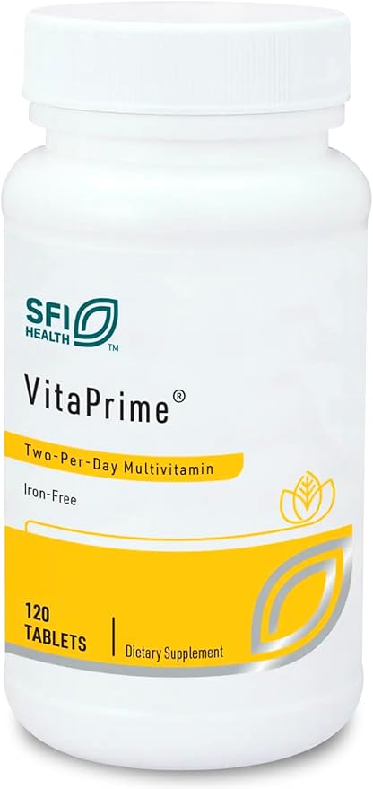 Klaire Labs SFI Health VitaPrime - Iron Free Multivitamin for Women & Men - Promote Immune Function & Support Nutritional Gaps - Two-Per-Day Multivitamin with Methyl Folate & B12 (120 Tablets)