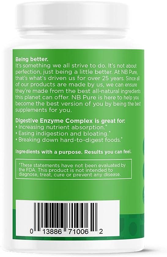Nbpure Vegan Digestive Enzyme Complex – Daily Bloating, Gas, & Food Digestive Support for Women & Men – 12 Enzymes & 3 Herbs – Lactase, Protease, Lipase, Ginger, Cinnamon, Peppermint + More
