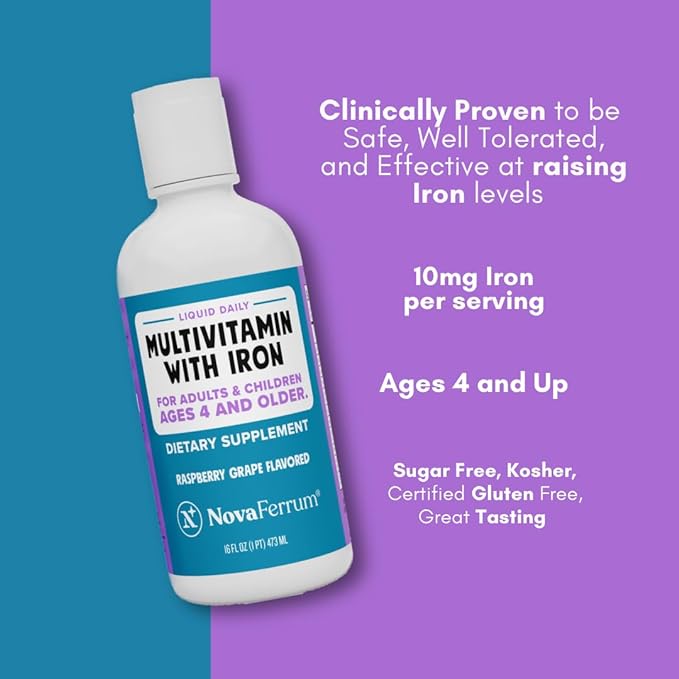 NovaFerrum Yum 16 Fl Oz | Multivitamin with Iron for Ages 4 & Up | Gluten Free Certified | Sugar Free | Raspberry Grape