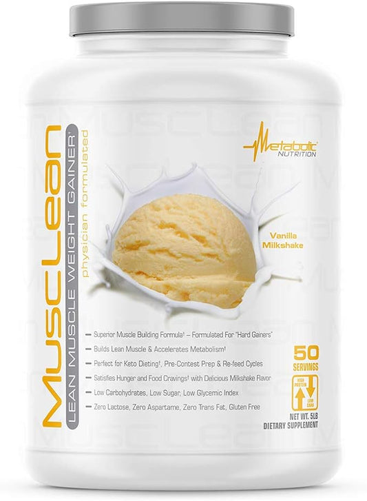 Metabolic Nutrition - Musclean - Milkshake, Whey High Protein Meal Replacement, Maintenance Nutrition, Low Carb, Keto Diet, Digestive Enzymes, Vanilla, 5 Pound (50 ser)