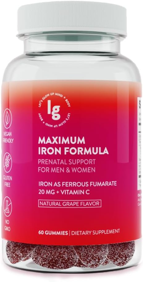 Maximum Iron Formula Iron Supplement Gummies, Vegan Iron Gummies, High Potency Iron Gummies for Women and Men with Vitamin C, Chewable Iron, Vitamin C for Adults, 20mg Iron, Natural Grape Flavor