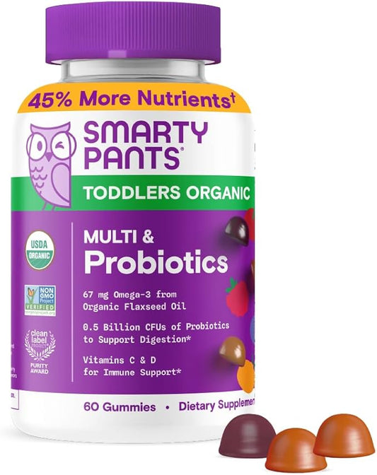 SmartyPants Organic Toddler Multivitamin Gummies: Probiotics, Omega 3 (ALA), Vitamin D3, C, Vitamin B12, B6, A, K & Zinc, Beta Carotene, Gluten Free, Three Fruit Flavors, 60 Count (30 Day Supply)