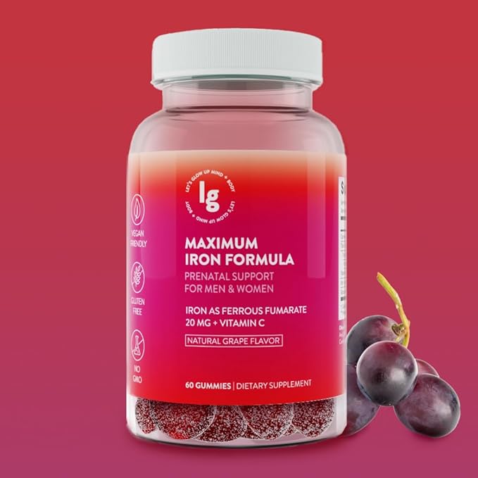 Maximum Iron Formula Iron Supplement Gummies, Vegan Iron Gummies, High Potency Iron Gummies for Women and Men with Vitamin C, Chewable Iron, Vitamin C for Adults, 20mg Iron, Natural Grape Flavor